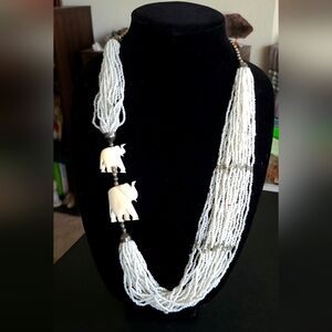 Vintage Seed Bead And Bone Elephant Necklace